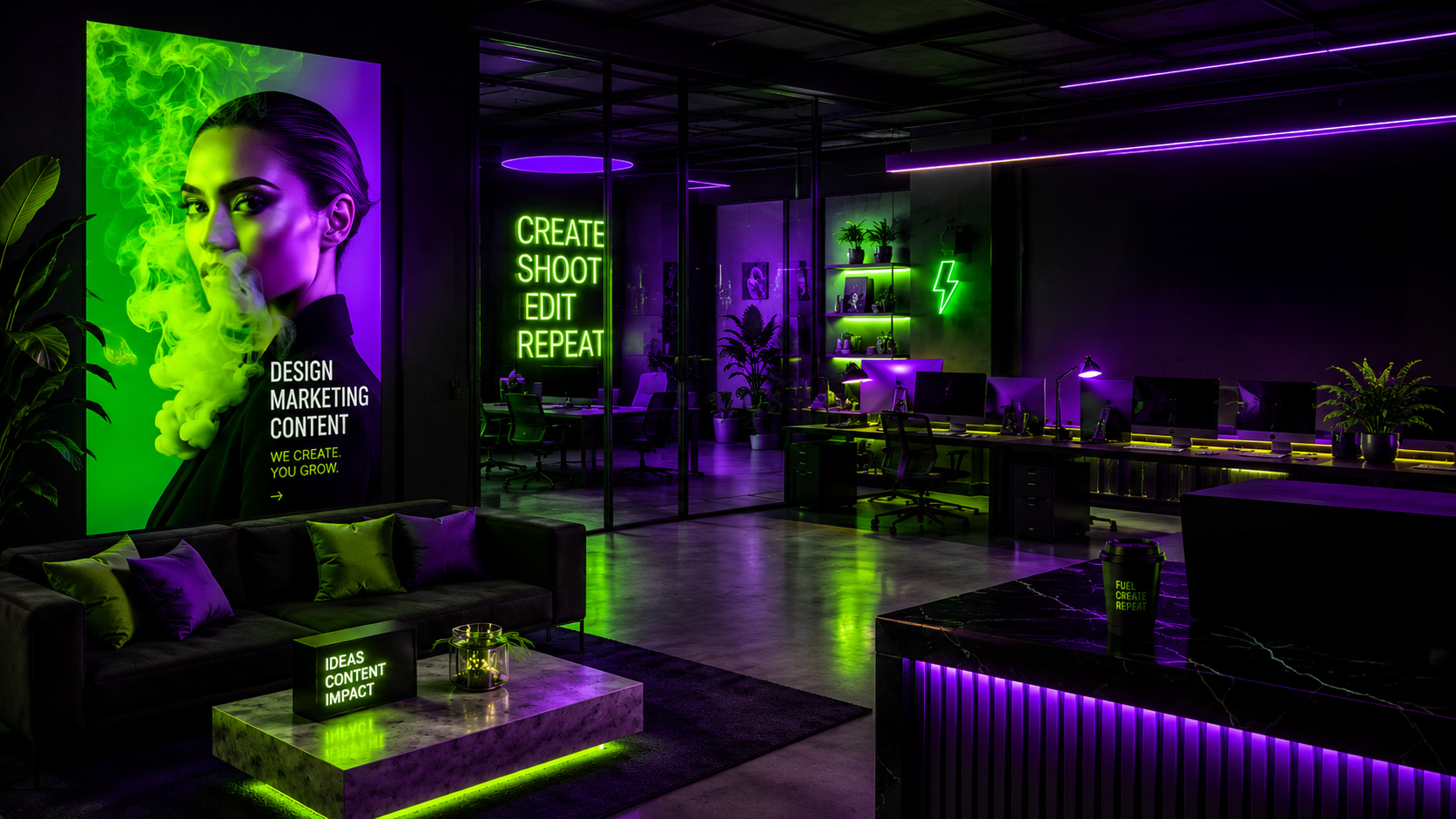 Crazy Gecko creative studio office with neon green and purple lighting