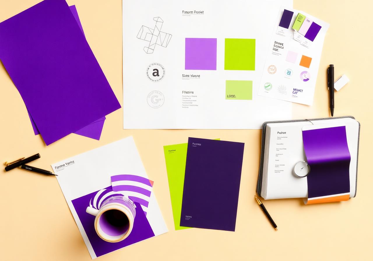 Designer's flat lay with brand identity sketches, colour swatches and logo iterations