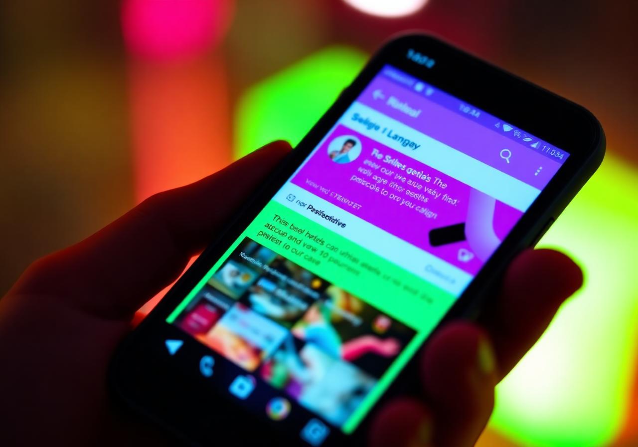 Smartphone displaying a vibrant branded social media feed in purple and green